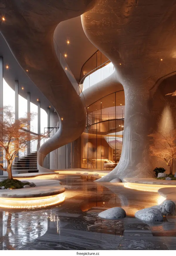 Modern Interior Design with Curved Walls and a Water Feature