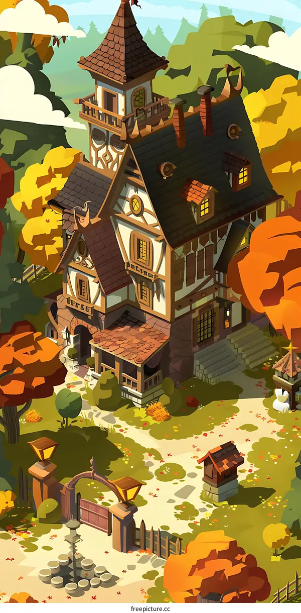 Cartoon Illustration Of A House In Autumn
