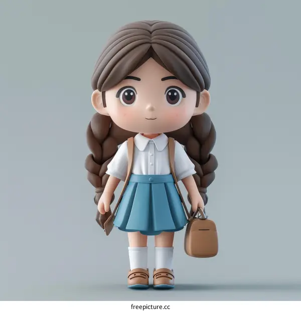 A cute cartoon school girl with long brown hair wearing a uniform