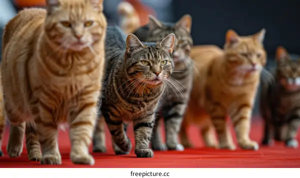 A group of cats walking on a red carpet