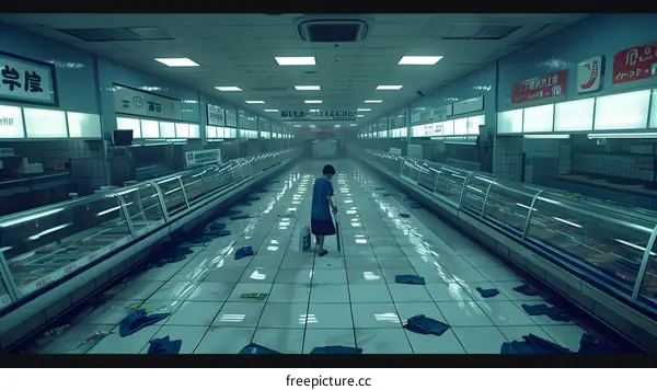 Empty Supermarket Aisle With One Person Walking