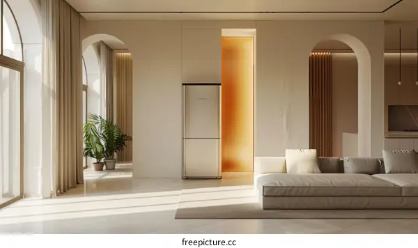 Bright apartment interior with large windows and curved walls