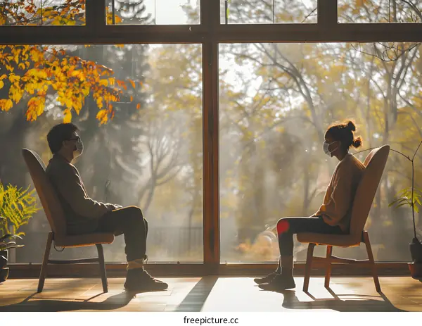 Two People Wearing Masks Sit Across from Each Other in Chairs by a Window