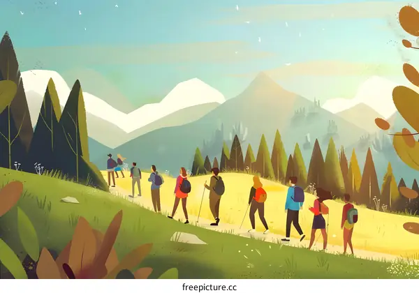 Group of People Hiking Up a Mountain Trail with Backpacks