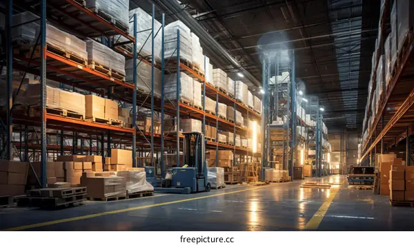 A large warehouse with a forklift and many shelves full of boxes