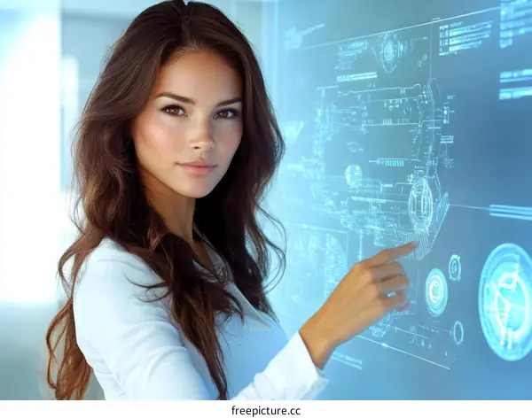 Woman Interacting with Futuristic Holographic Display