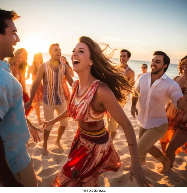 carefree friends dancing on beach at sunset