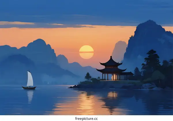 Sunset Over Calm Lake with Traditional Pavilion and Sailboat