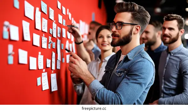 Team Brainstorming on Red Wall