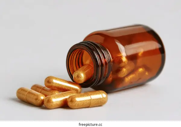 Golden Capsules in a Brown Glass Bottle