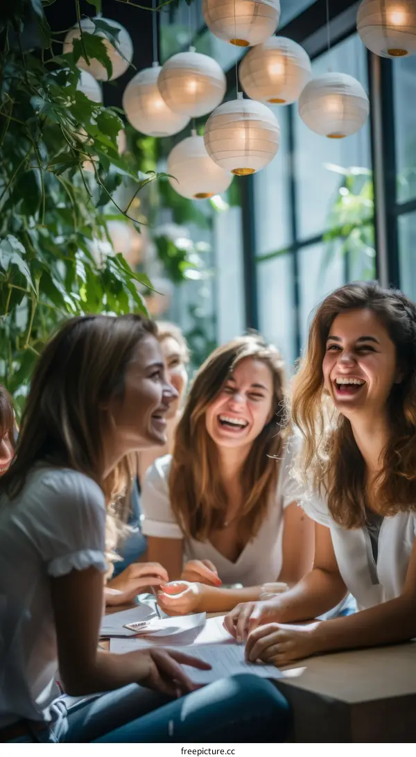 Laughing women at a restaurant