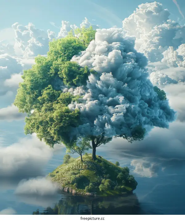Floating Island Tree with Cloudscape Illustration