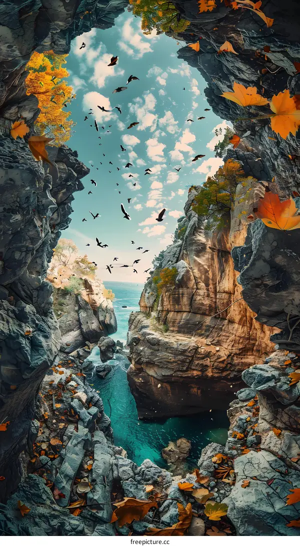 Autumn Leaves View Through A Rock Formation