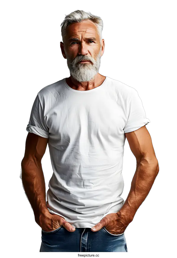 [Transparent Background PNG]Portrait of a Senior Man with White Hair and Beard Wearing a White T-Shirt and Jeans