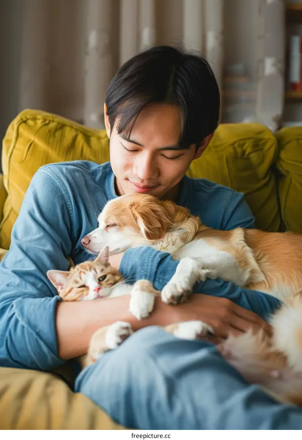 A young man is sitting on a couch with a cat and a dog.