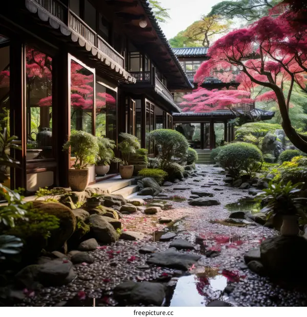 Japanese Garden with Traditional House and Zen Garden