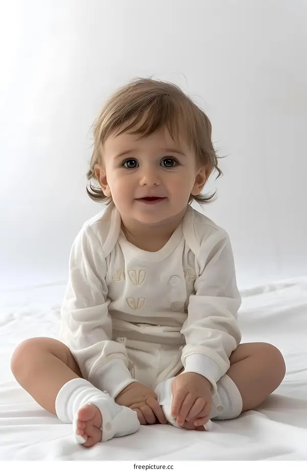 An adorable baby in a white onesie is sitting on a white blanket