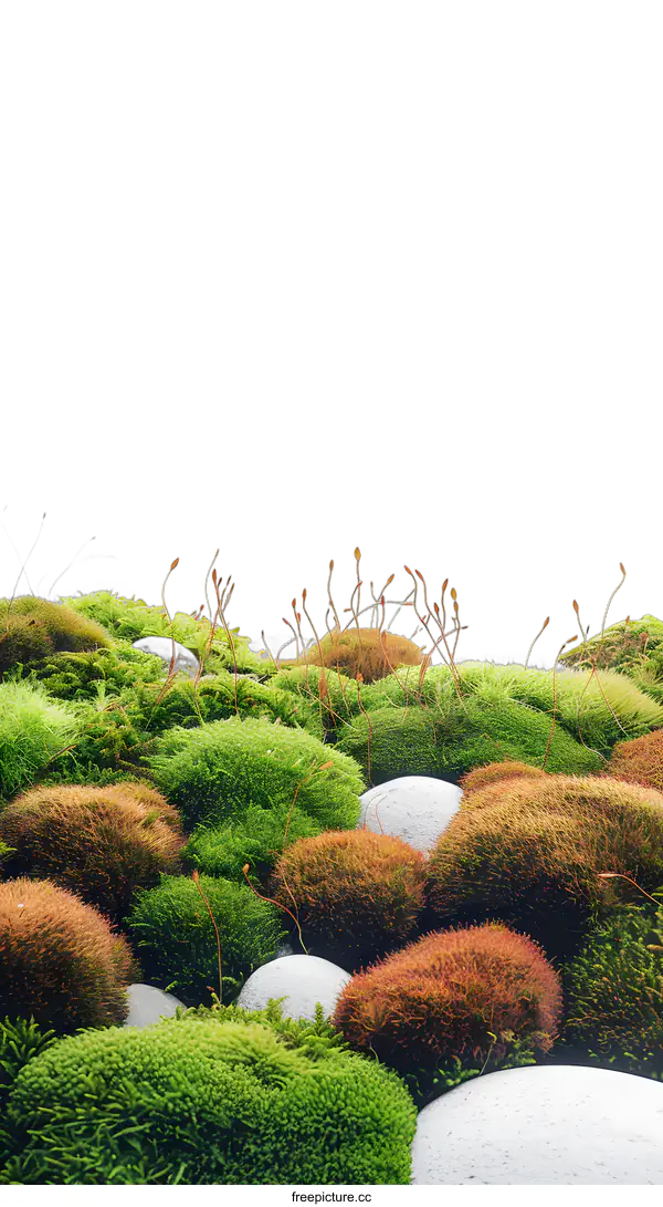 [Transparent Background PNG]Green Moss and White Rocks in a Foggy Landscape