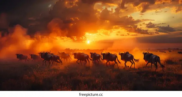 Herd of wildebeests running across the savanna at sunset