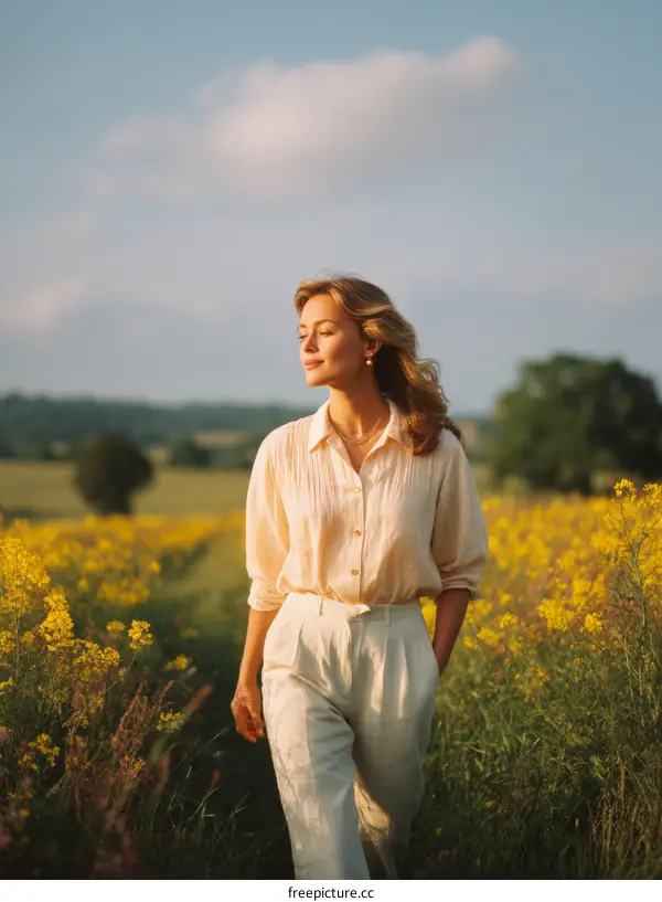 Woman in a field of flowers in sunlight