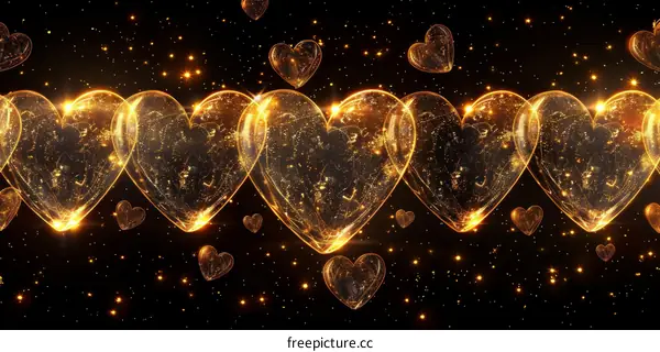 Golden hearts with sparkles on a black background