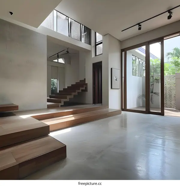 Modern Minimalist Interior Design with Concrete Flooring and Wooden Stairs