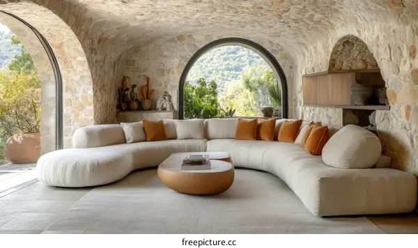 Modern Curved Sofa in a Stone Interior Living Room