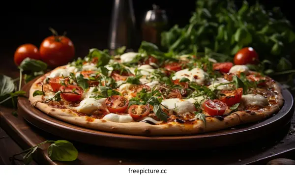 Pizza with fresh tomatoes, mozzarella cheese, basil, and olive oil