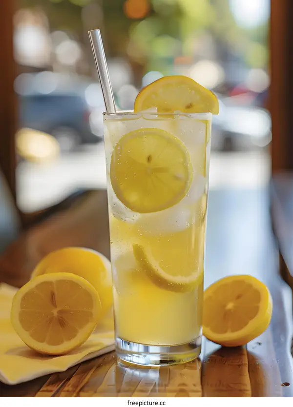 Refreshing Lemonade with Lemon Slices in a Glass