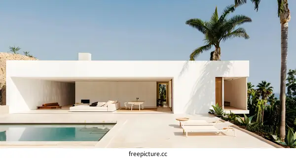 Minimalist White House with a Swimming Pool