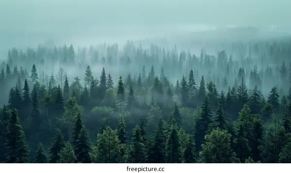 Misty forest landscape with pine trees and fog