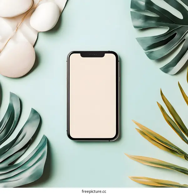 Flat Lay Smartphone Mockup With Tropical Leaves