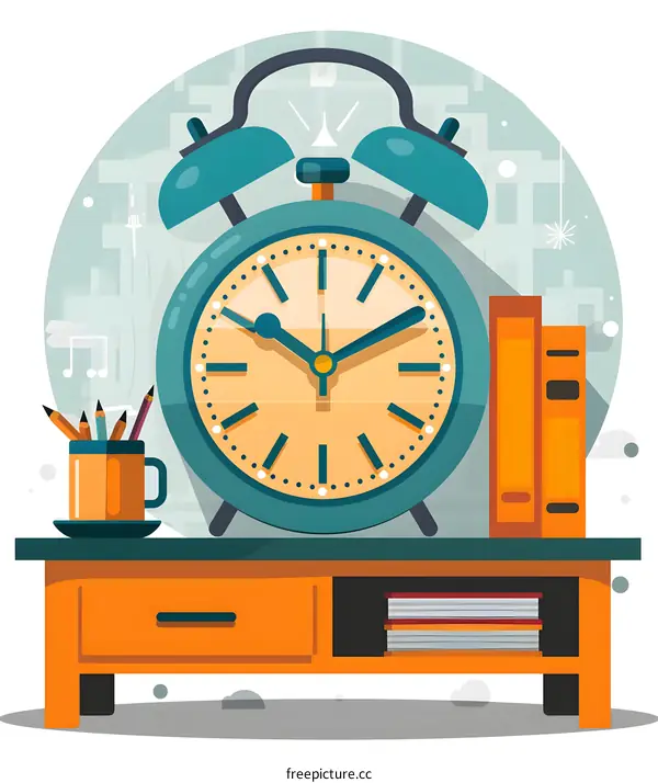 Alarm Clock on a Table with Books and Pencils