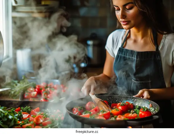 Young Woman Cooking a Healthy Vegetable Meal