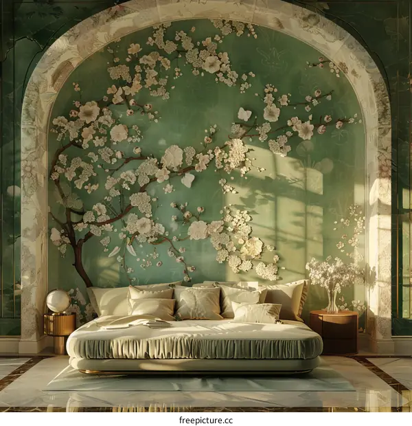 Bed with White Pillows and Green Floral Headboard