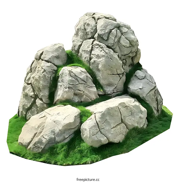Pile of Rocks with Green Grass on White Background