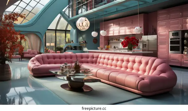 Retro Futuristic Living Room Interior Design: Pink, Blue, and Green