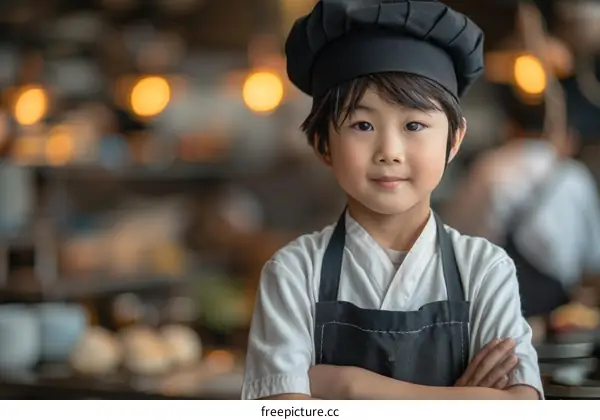 Portrait of a young Asian boy in a chef's hat and apron standing in a commercial kitchen