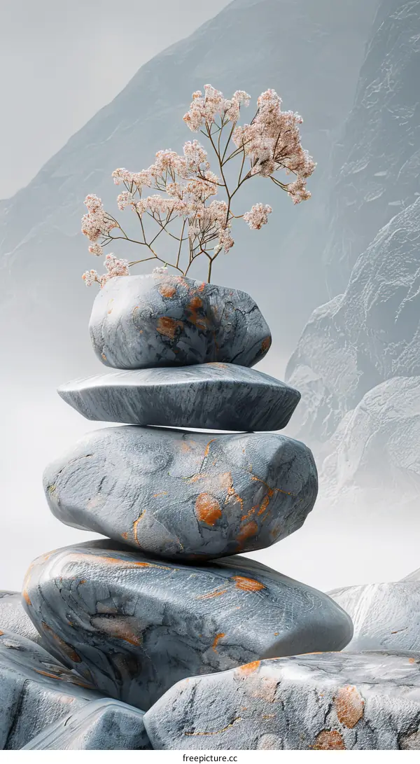 Peaceful Stacked Stones with a Delicate Flower