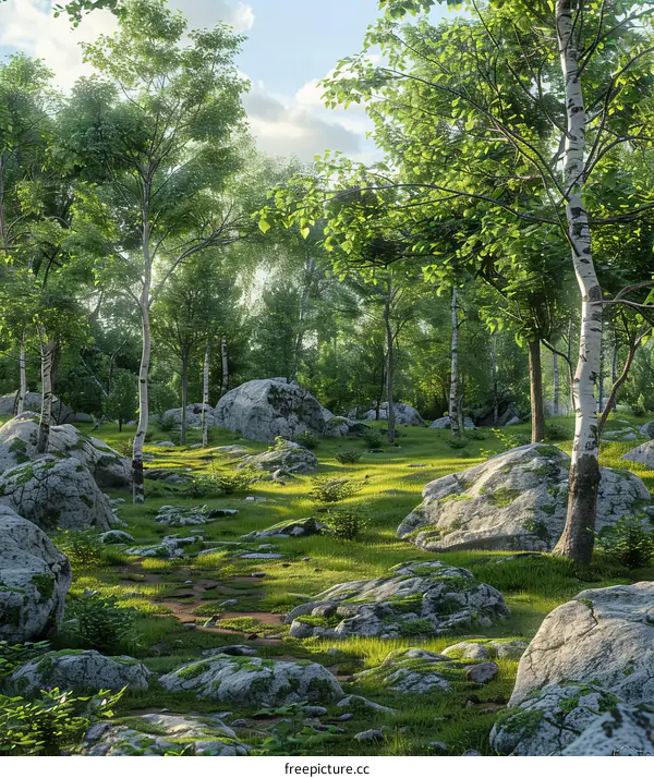 Fantasy Forest Landscape with Sunlight and Boulders
