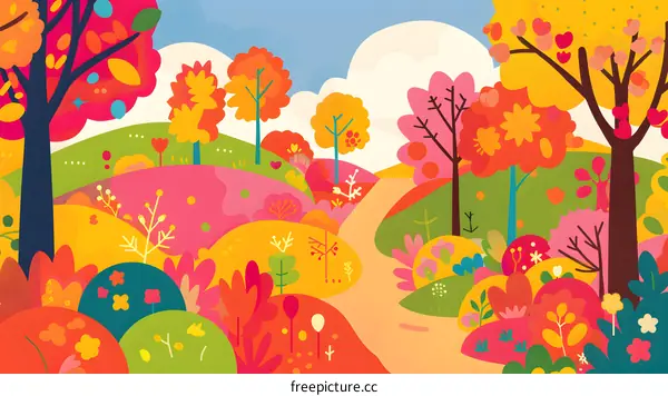 Colorful Autumn Forest Illustration with Path and Trees