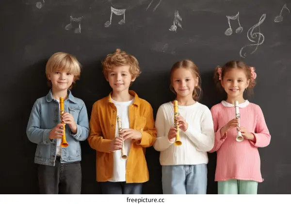 Four Children Playing Musical Instruments in Front of a Chalkboard