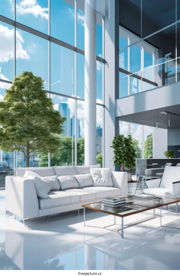 Modern office interior with large windows and tree