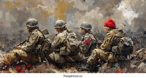 Four soldiers wearing military uniform and helmet sitting on the snowy ground