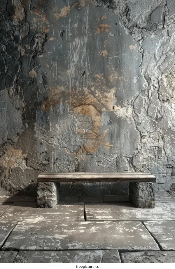 Empty Wooden Bench Against Weathered Stone Wall