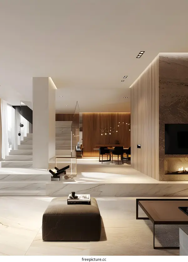 Modern Living Room Interior Design with Wooden Walls and Marble Flooring