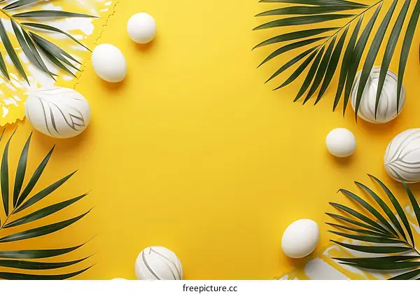 Easter Eggs and Palm Leaves on Yellow Background