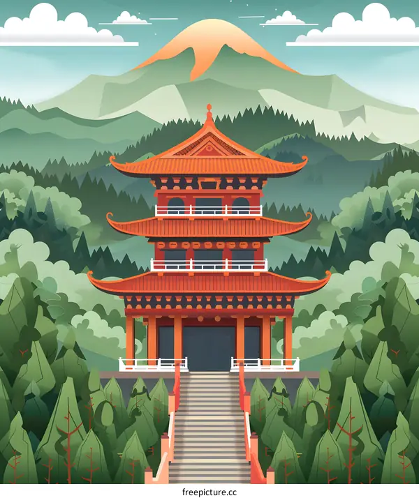 Mountain Temple Illustration with Green Forest
