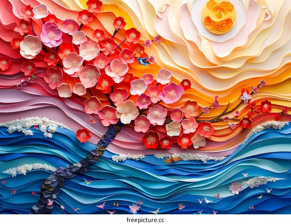 A beautiful paper flower artwork of cherry blossoms and waves with a blue background