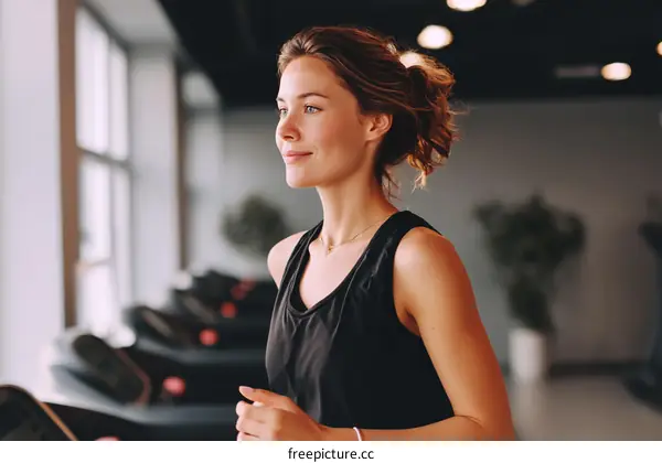 Woman Exercising on Treadmill in Gym
